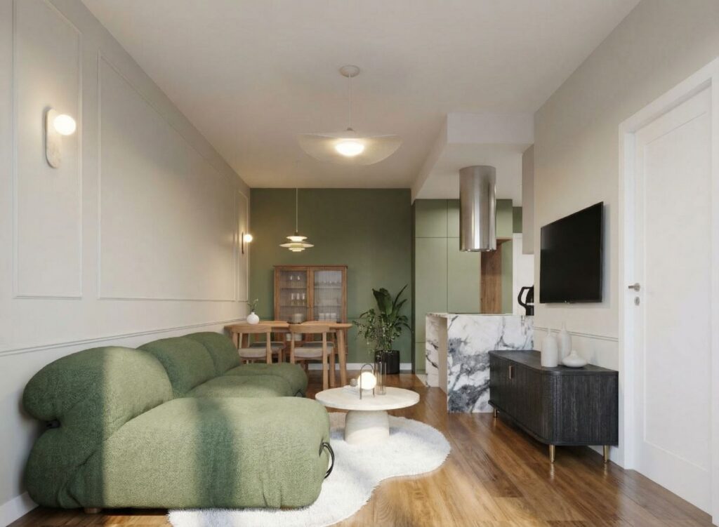 Wnętrze salonu z zieloną sofą — projekt STUDIO FABO